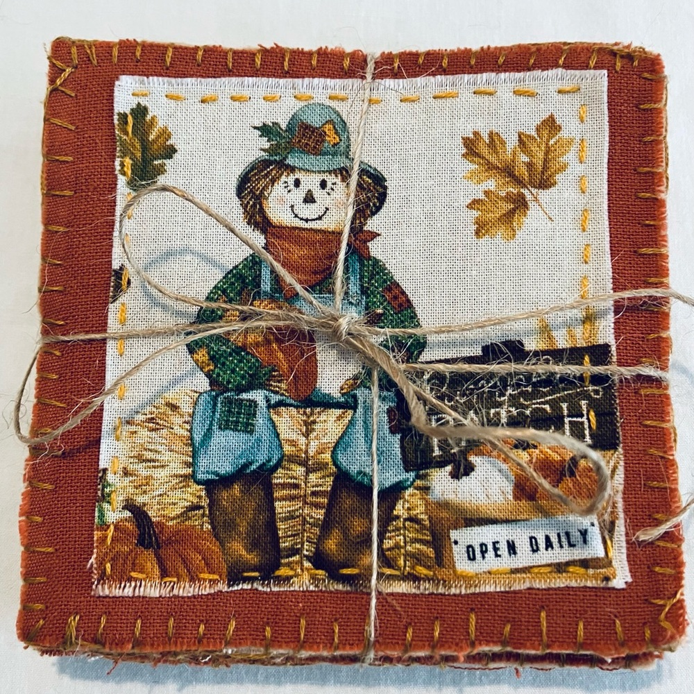 Handmade Slow Stitched Fall Scarecrow Fabric Coasters - Set of 4